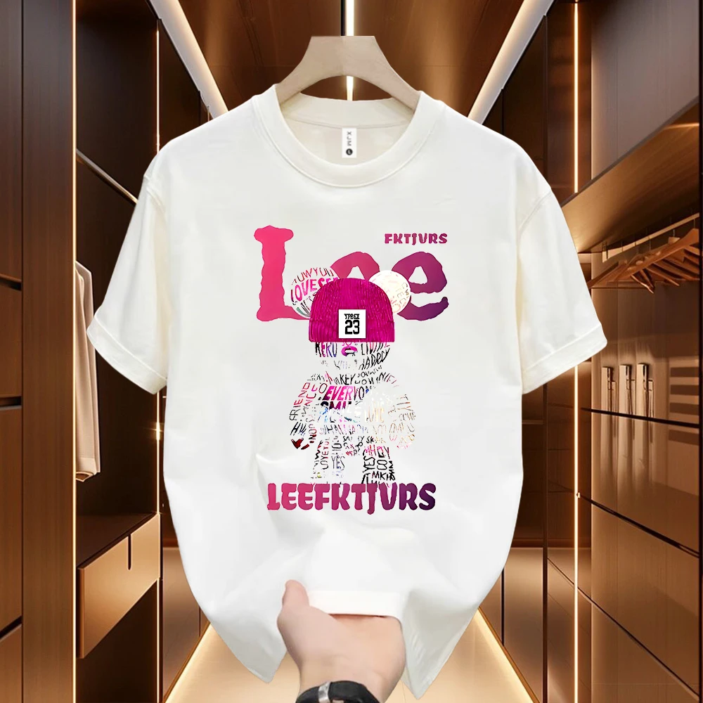 夏季圆领男女装宽松卡通印花时尚短袖情侣欧美嘻哈纯棉T恤-字母熊