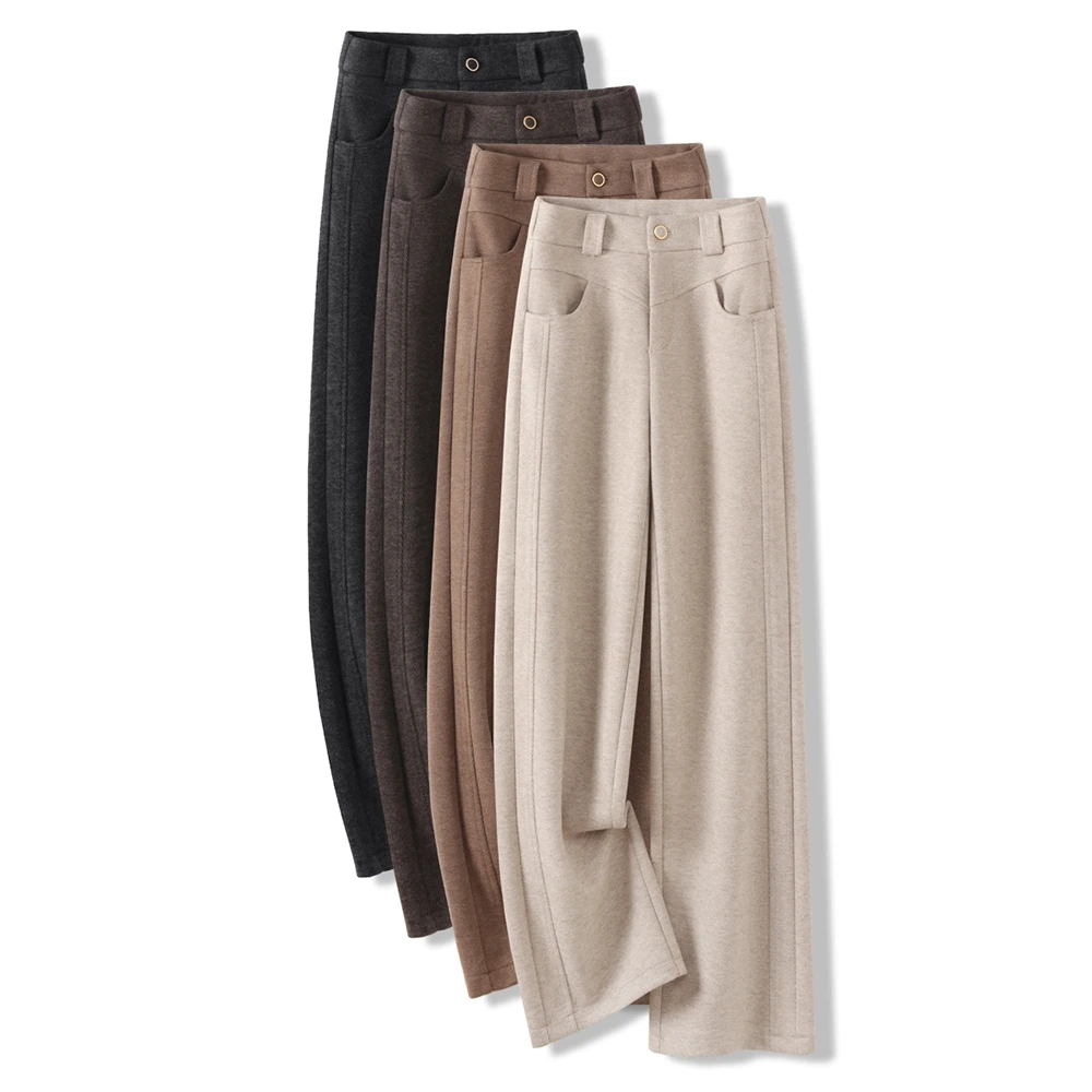 醋酸羊毛呢窄版阔腿裤女2025新款秋冬季高腰后松紧加厚休闲直筒裤