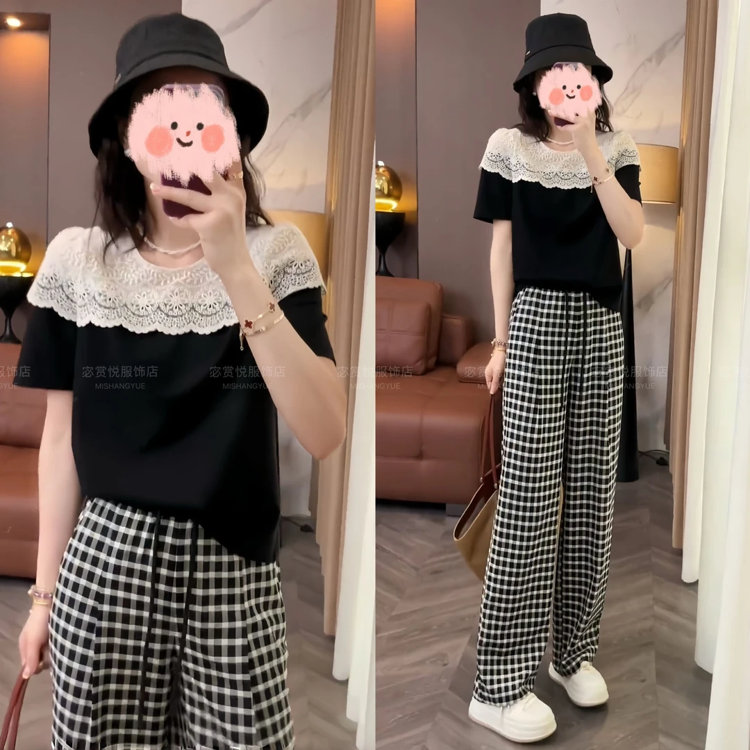 2025夏季蕾丝拼接短袖T恤上衣洋气衣服女百搭格子休闲裤气质套装