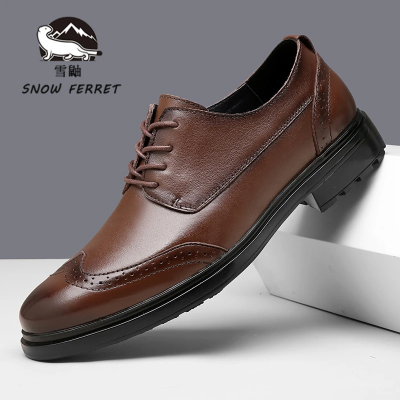 加拿大SNOWFERRET正品皮鞋男款高档商务男士正装鞋真皮软底休闲鞋