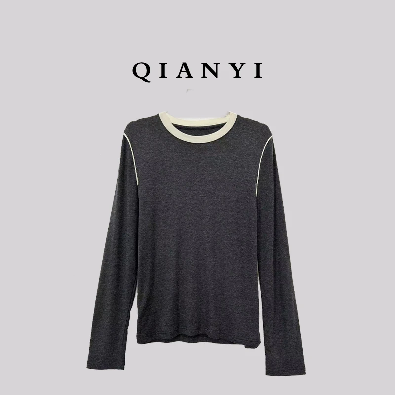 QIAN YI | 明线撞色拼接上衣圆领T恤时尚休闲百搭打底衫1077