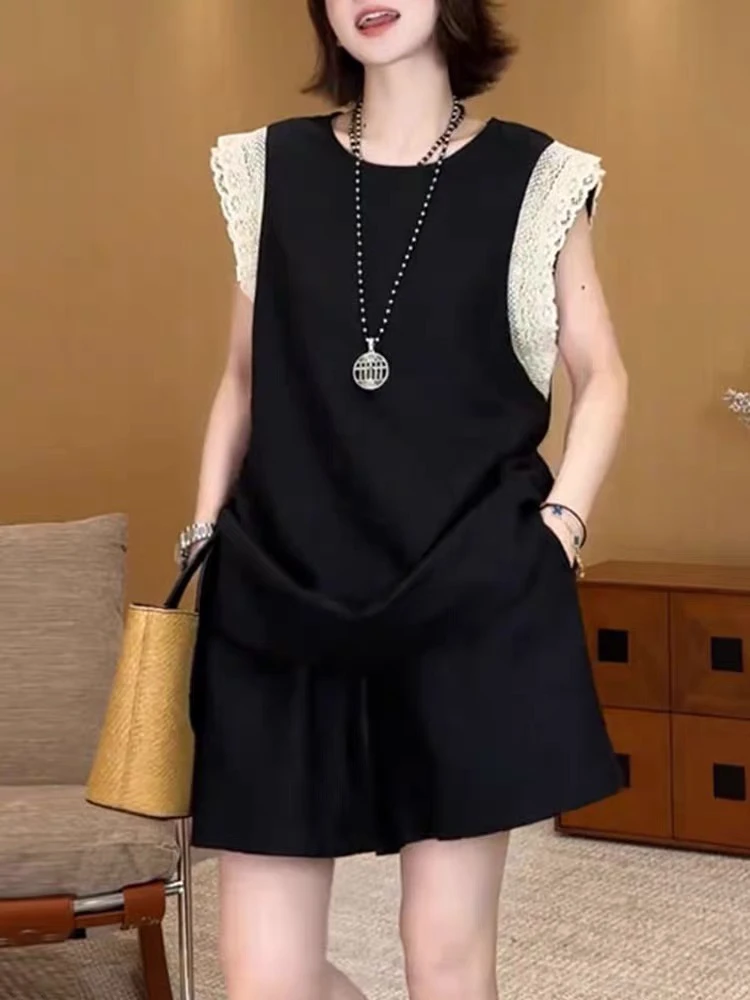 丹姐大码女装夏季小众时尚蕾丝拼接圆领上衣搭配洋气显瘦短裤套装