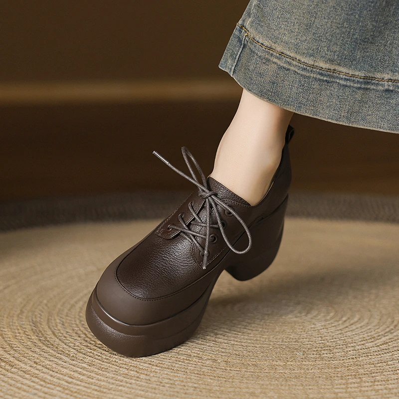 羊皮/9cm/春秋百搭真皮复古粗跟厚底英伦风圆头高跟春季单鞋深口