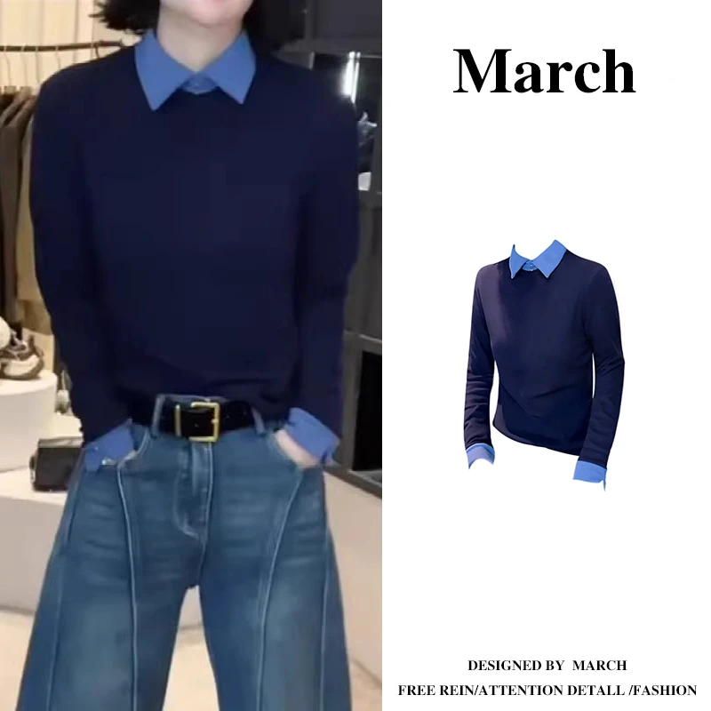 韩系时尚大码2025年春季假两件撞色POLO领修身显瘦长袖针织衫5674