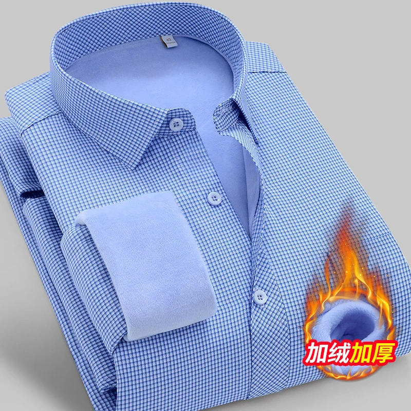 长袖加绒假两件保暖衬衫加厚男士秋冬季新品弹力商务休闲衬衣男