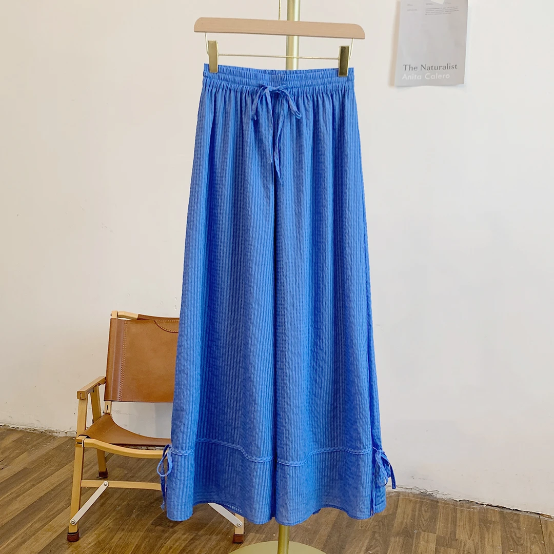 轻影-蓝 Y2606格纹侧边系带蝴蝶结松紧腰系带阔腿裤