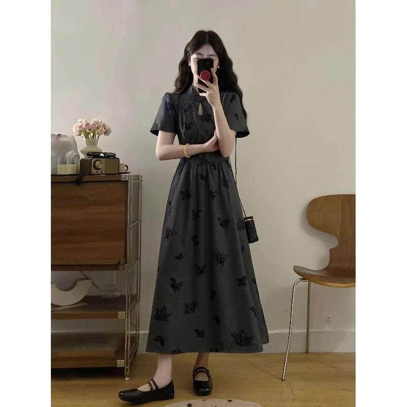 蝴蝶印花短袖连衣裙女夏季大码胖mm收腰遮肚改良新中式旗袍长裙子