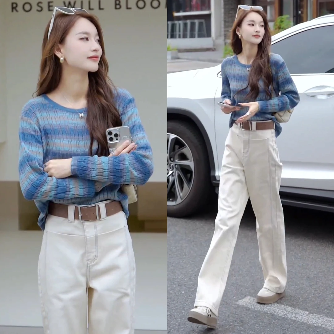 2025年秋季新款百搭时尚洋气条纹撞色针织衫+显腿长直筒牛仔裤