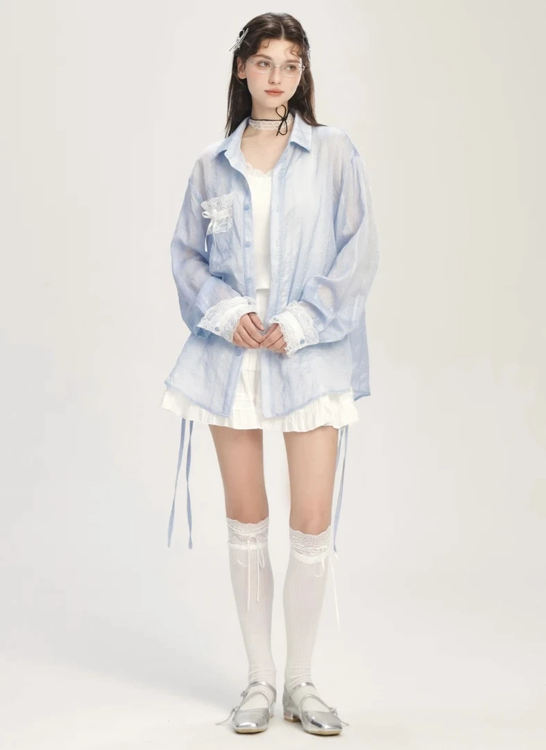 BZXA设计感蕾丝拼接洋气衬衫女长袖春夏新款薄款宽松休闲防晒外套