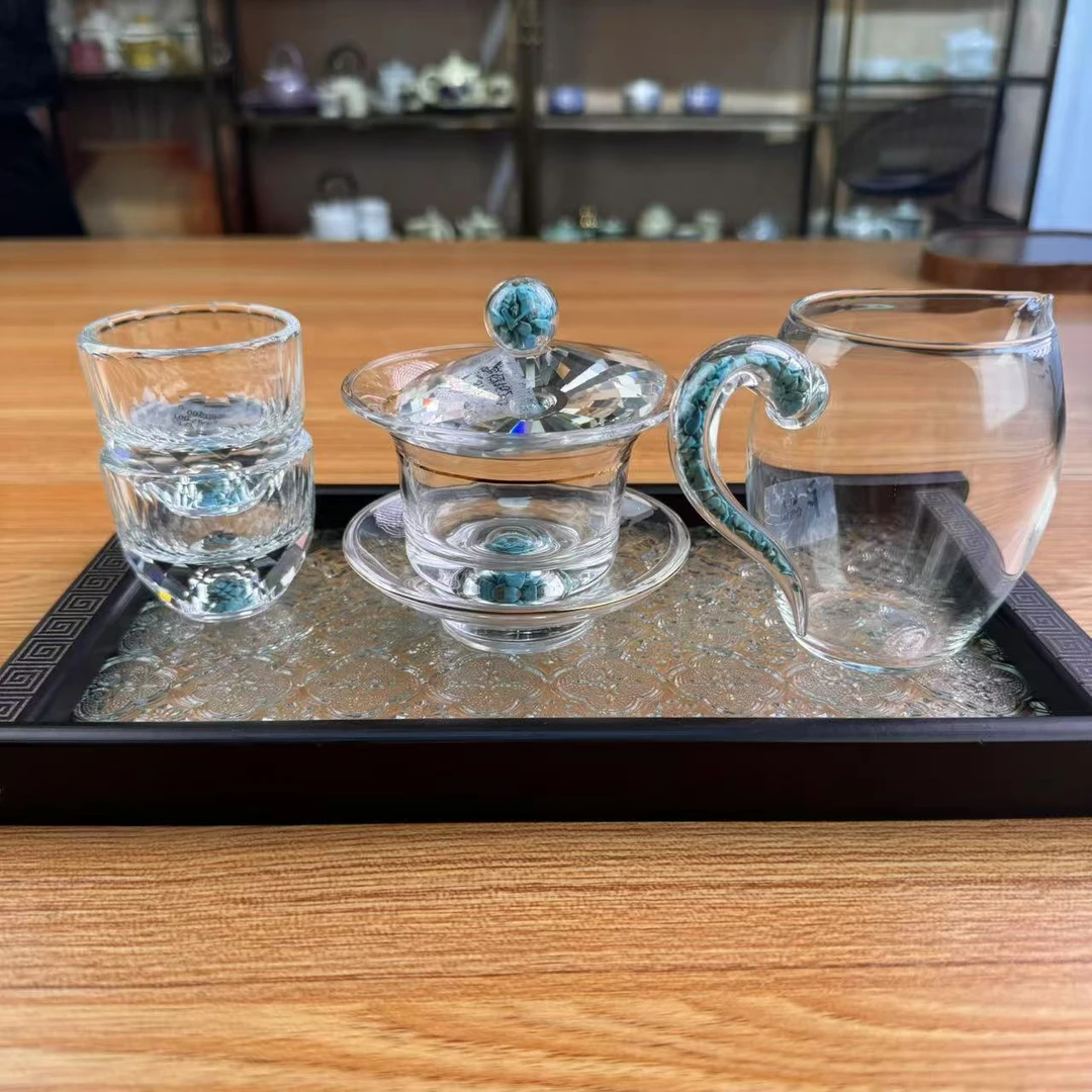 「云栖茶具」绿松石玻璃盖碗+公道+2杯子+茶盘ZH1497+G1526