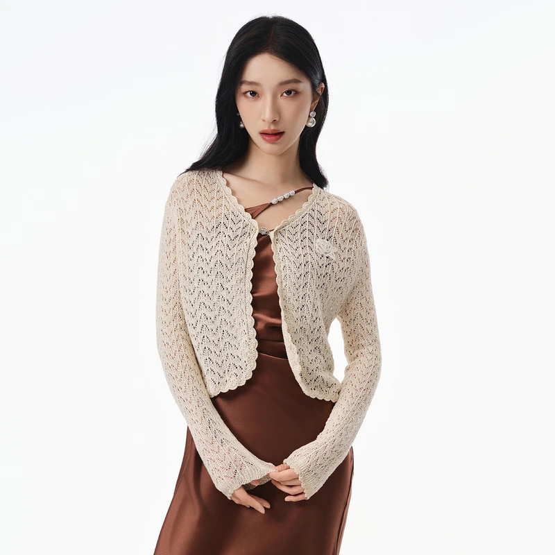 甜美镂空针织开衫贝壳杉长袖外罩衫DOUBLOVE贝爱2025夏季新款