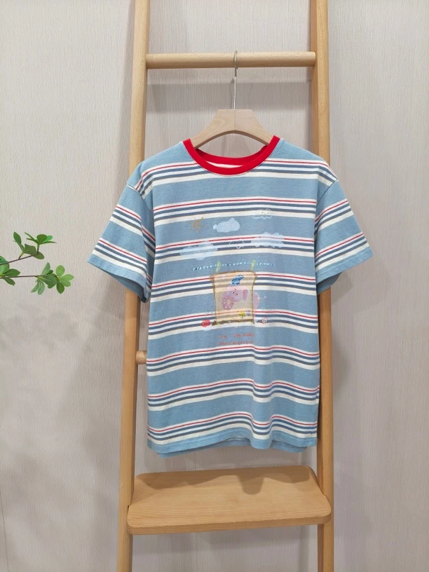 【Hua】4120002夏季新款设计感蓝色条纹卡通印花纯棉休闲短袖T恤