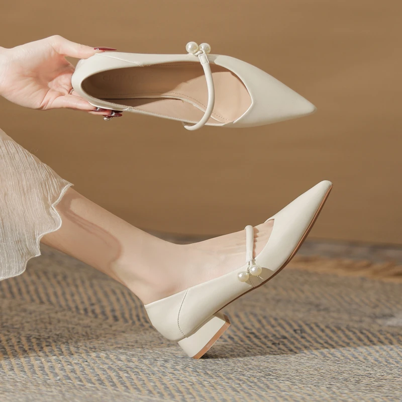 法式真皮尖头粗跟玛丽珍鞋软皮低跟中跟单鞋女春矮跟百搭浅口女鞋