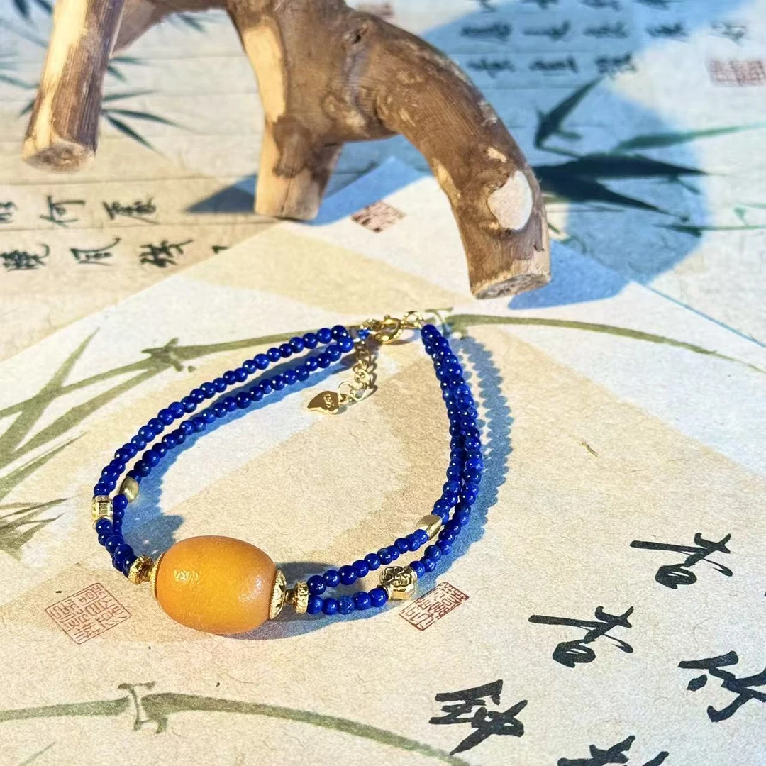【景润】天然琥珀蜜蜡橘皮石膏蜡枣珠青金小米珠双圈手链多样性发一
