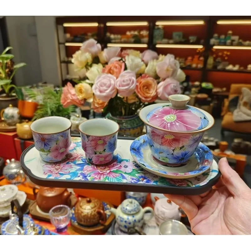 米黄汝窑郁金香三才悬停盖碗一盖两杯套装功夫茶具套-2135