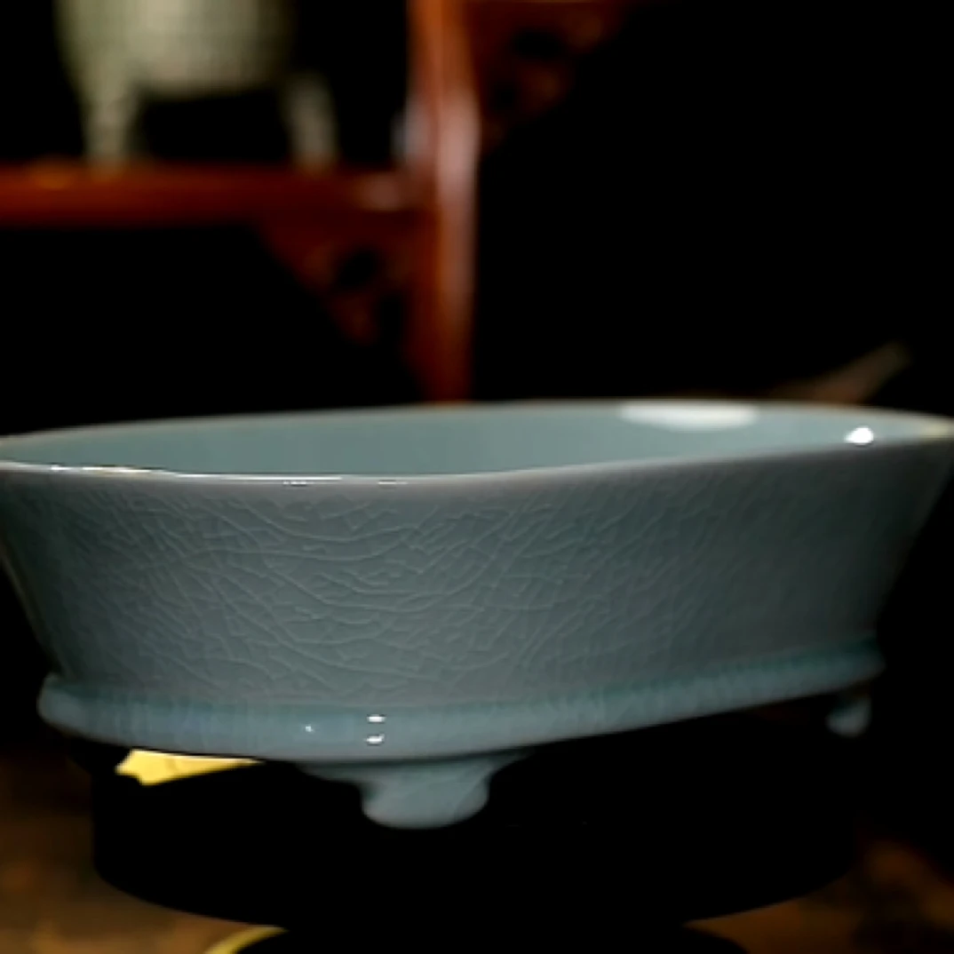 【宋廷御瓷·汝官窑】原矿青绿釉水仙盆摆件