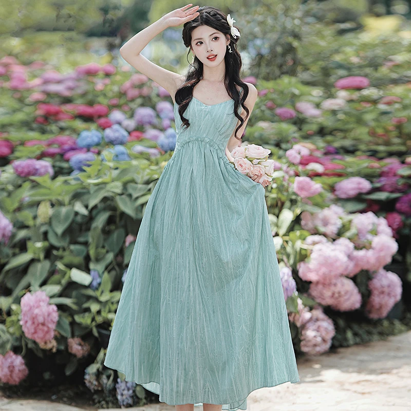 温柔小清新仙气吊带连衣裙海边度假沙滩长裙日常森系仙女裙2495