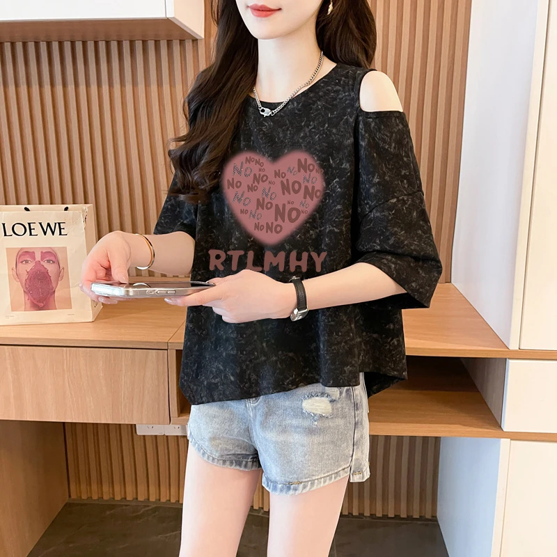 不规则扎染圆领露肩上衣2025夏季新款韩版宽松慵懒风休闲短袖T恤