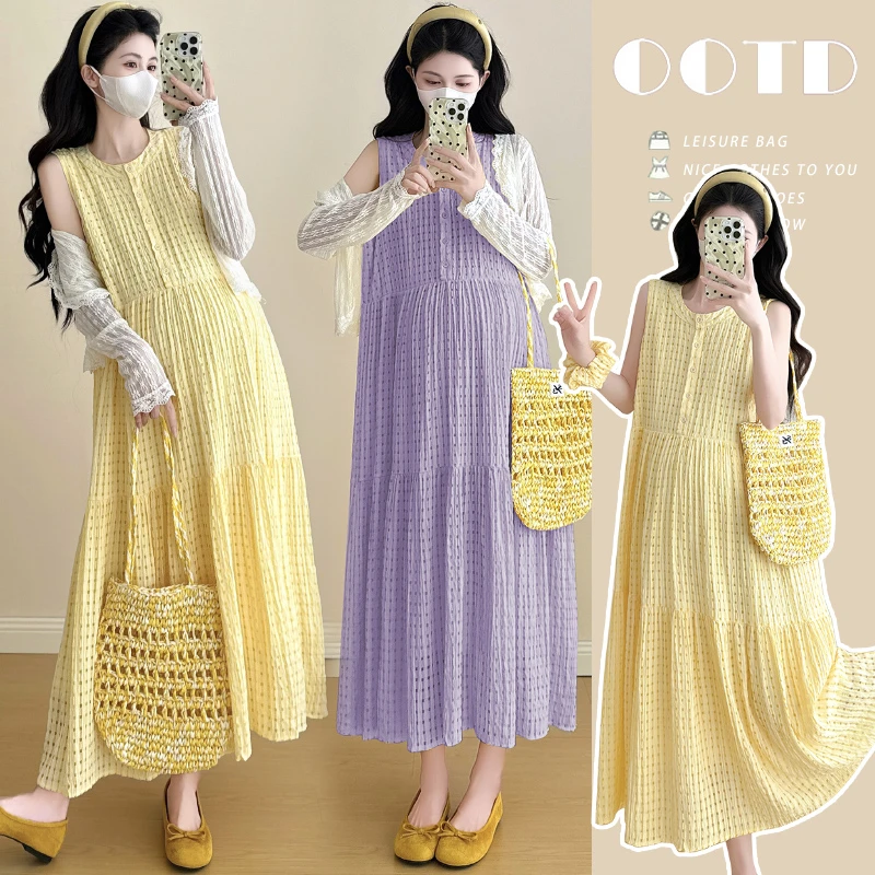 孕妇套装2025夏季新款宽松显瘦度假风格子背心裙孕妇连衣裙两件套