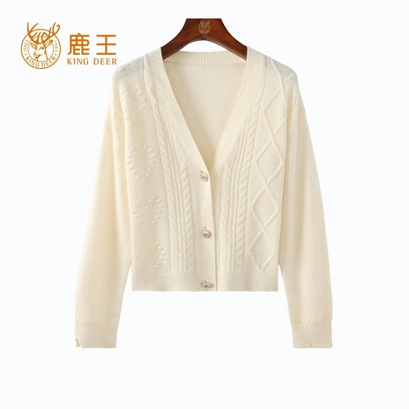 鹿王24秋冬新款女V领100山羊绒短款时尚休闲针织开衫 厚 4J9241