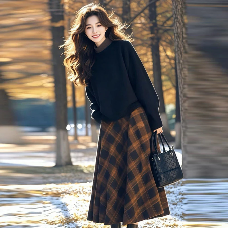 日系复古气质两件套春季新款长袖针织毛衣复古洋气格子半身裙套装