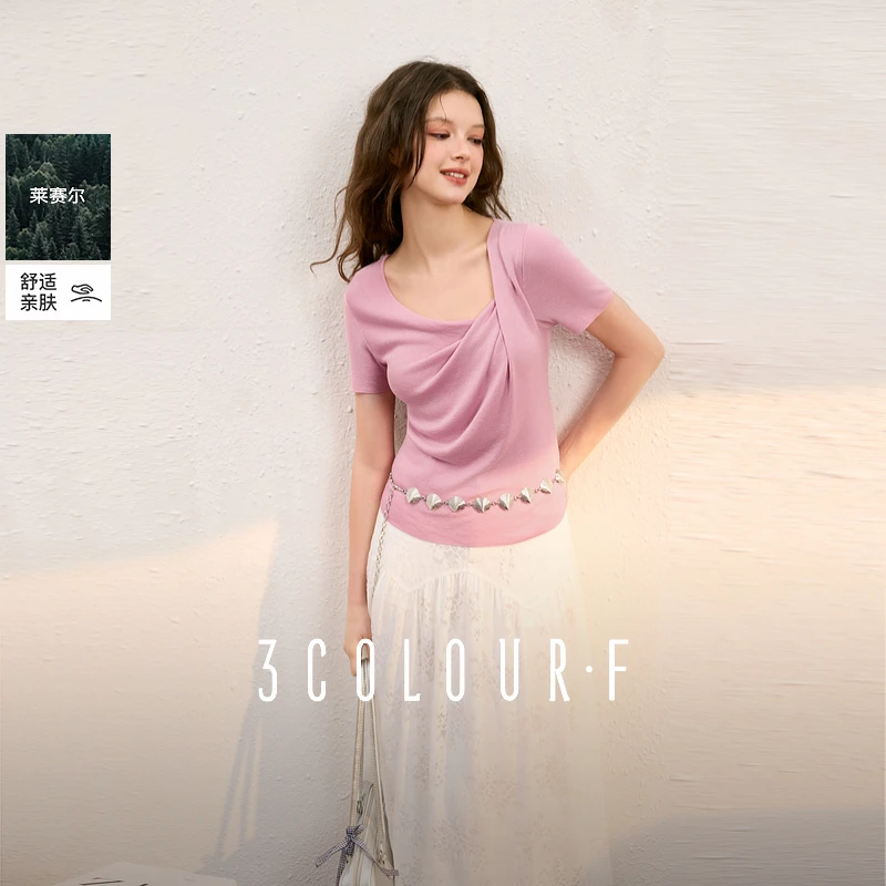 【100莱赛尔】三彩独醒2025夏季新款设计感短袖针织衫修身短款女F