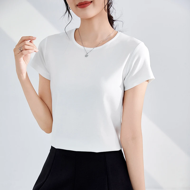 2025夏季新款莱赛尔天丝圆领短袖修身百搭高端纯色透气显瘦T恤女