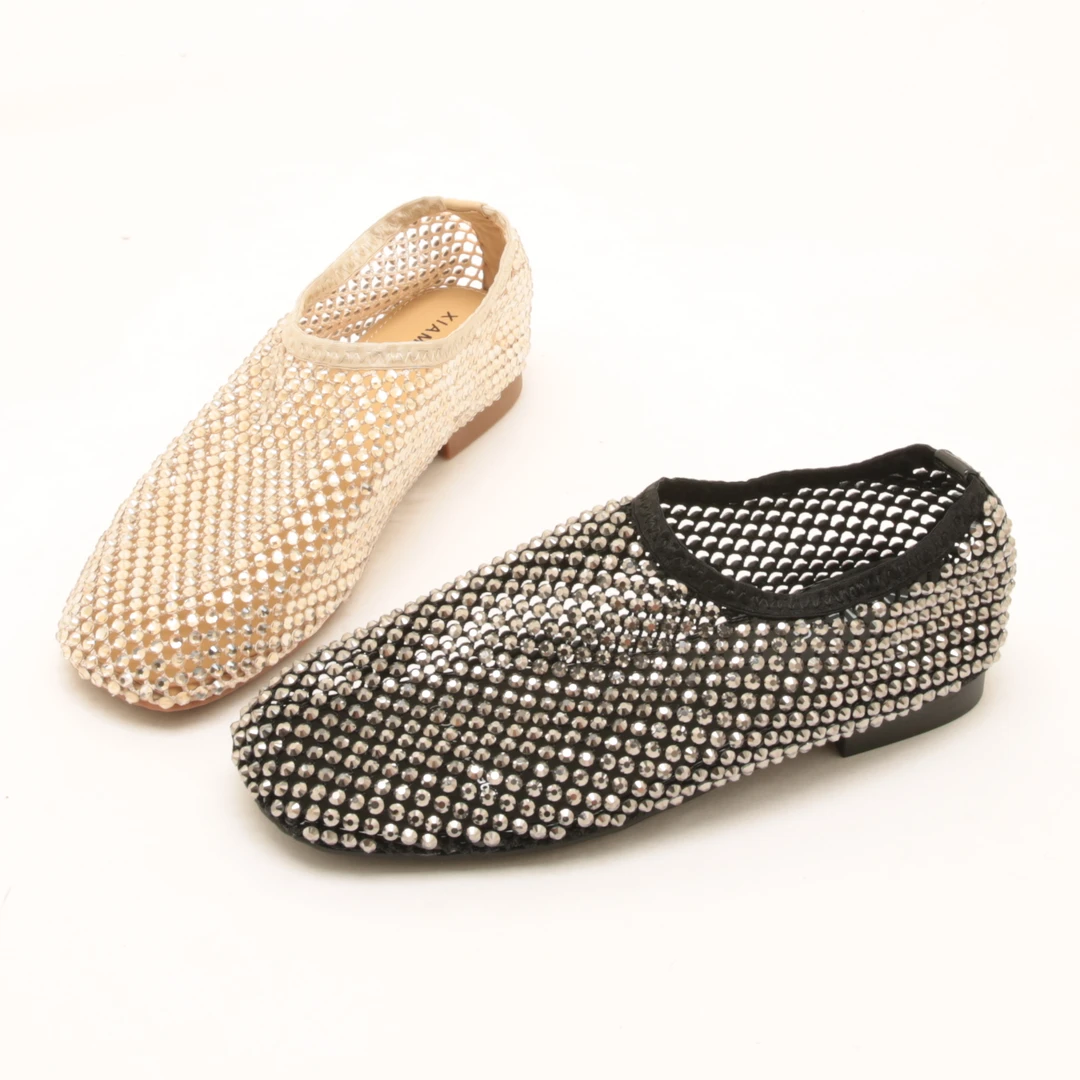 6842夏季新款欧洲站软底闪亮水钻网面鞋透气镂空烫钻平底时尚单鞋