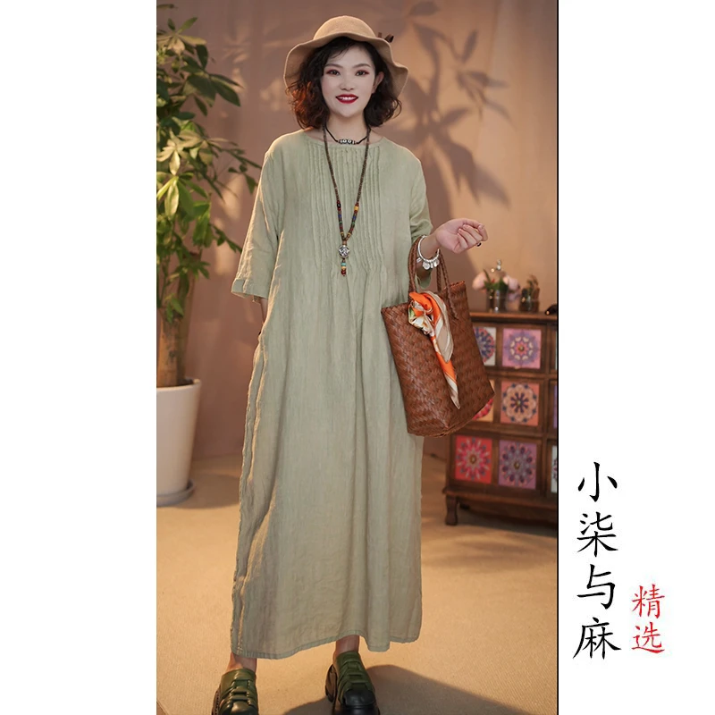 【小柒与麻】（衣长120胸围115）高定汉麻风琴褶皱短袖裙袍