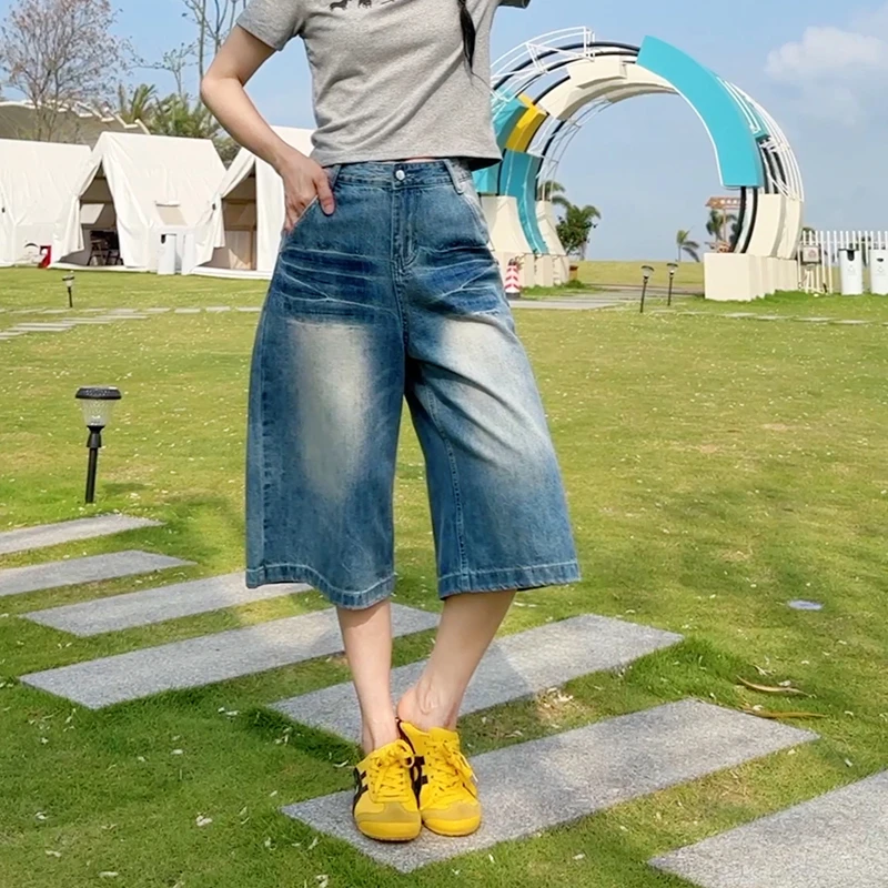 美式闪电纹水洗七分牛仔短裤女2025夏季新款宽松显瘦直筒阔腿中裤