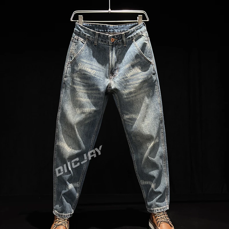 LILO男装秋冬新品激光满印花复古水洗微锥直筒百搭时尚牛仔裤男