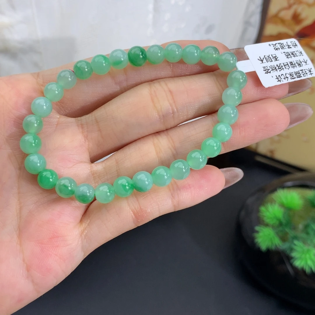 翡翠未镶嵌手串卡6冰胶飘绿花手串