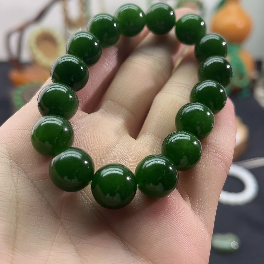 和田玉未镶嵌颈饰俄碧-菠菜绿手串-13mm