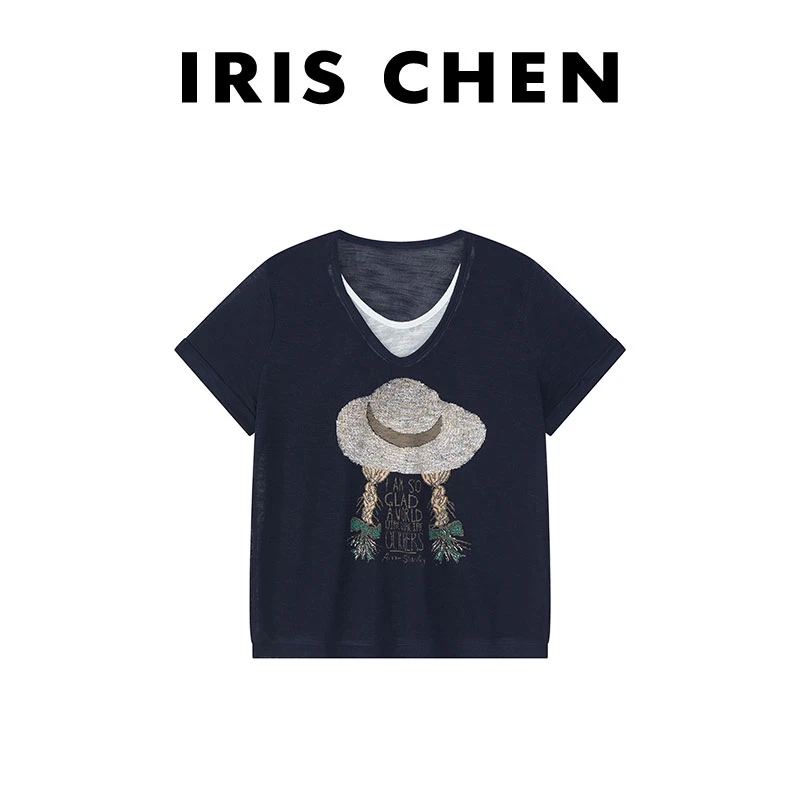 IRIS CHEN 小草帽 2025春夏上新麻质透气清爽假两件短袖25SY422
