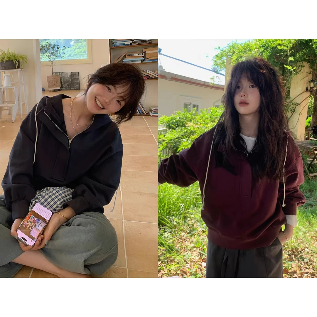 一三良品小个子 韩版纯色复古日常宽松休闲连帽卫衣女T5853