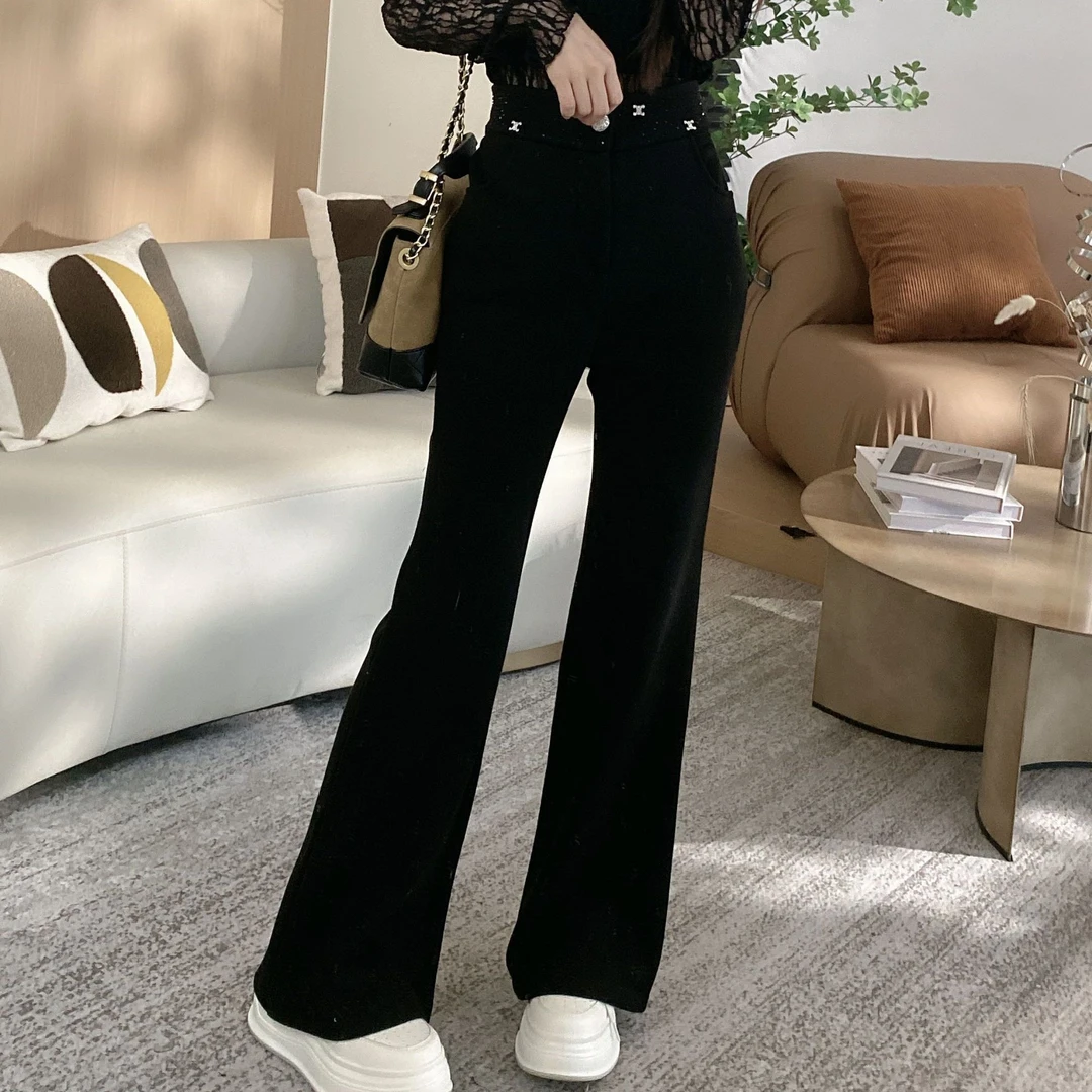 加绒烫钻字母腰微喇裤1319