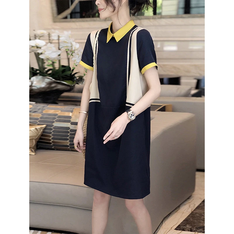 polo领藏青色连衣裙2024年新款拼接撞色直筒宽松休闲A字中长裙