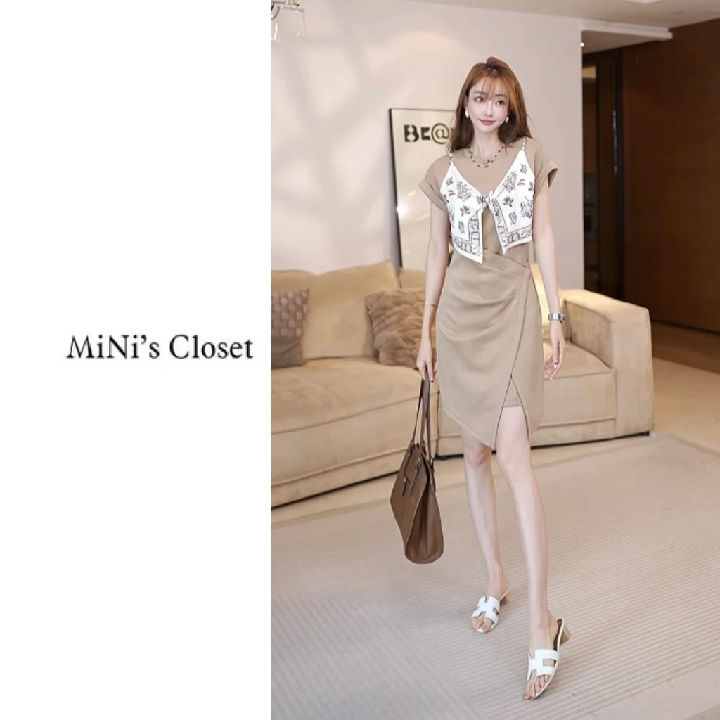 【MiNi推荐】夏款个性圆领拼接印花蝴蝶结吊带短袖连衣裙女JE1151