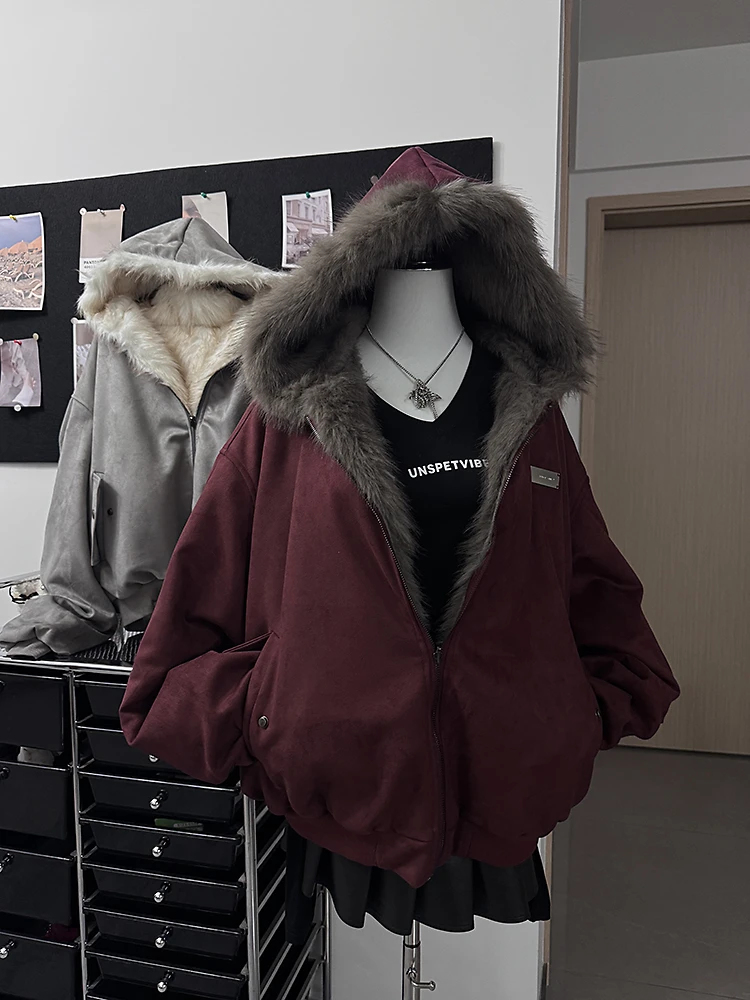 美式复古座山雕麂皮绒皮草双面穿棉服外套女冬季加厚保暖棉袄