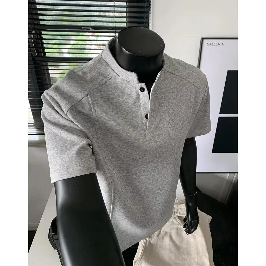 浅灰色美式亨利领短袖polo衫男夏季解构拼接正肩t恤cleanfit半袖