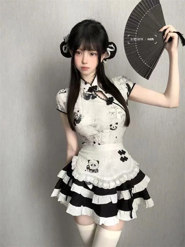 可爱少女新中式国风熊猫印花上衣高腰显瘦蛋糕裙女仆围裙套装