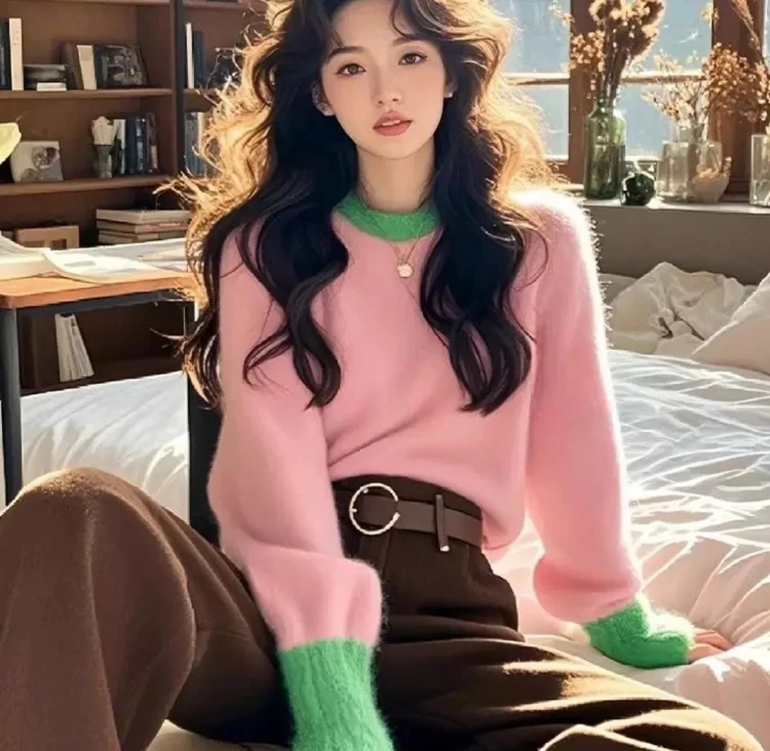 Kmj207粉绿撞色针织衫高级感超好看打衫内搭毛衣