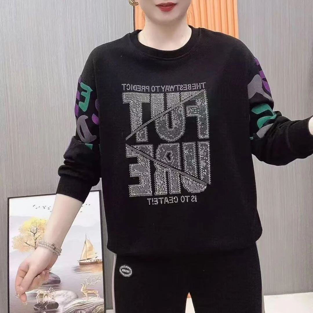 春季新款字母不起球烫钻宽松显瘦圆领卫衣印花百搭时尚洋气上衣