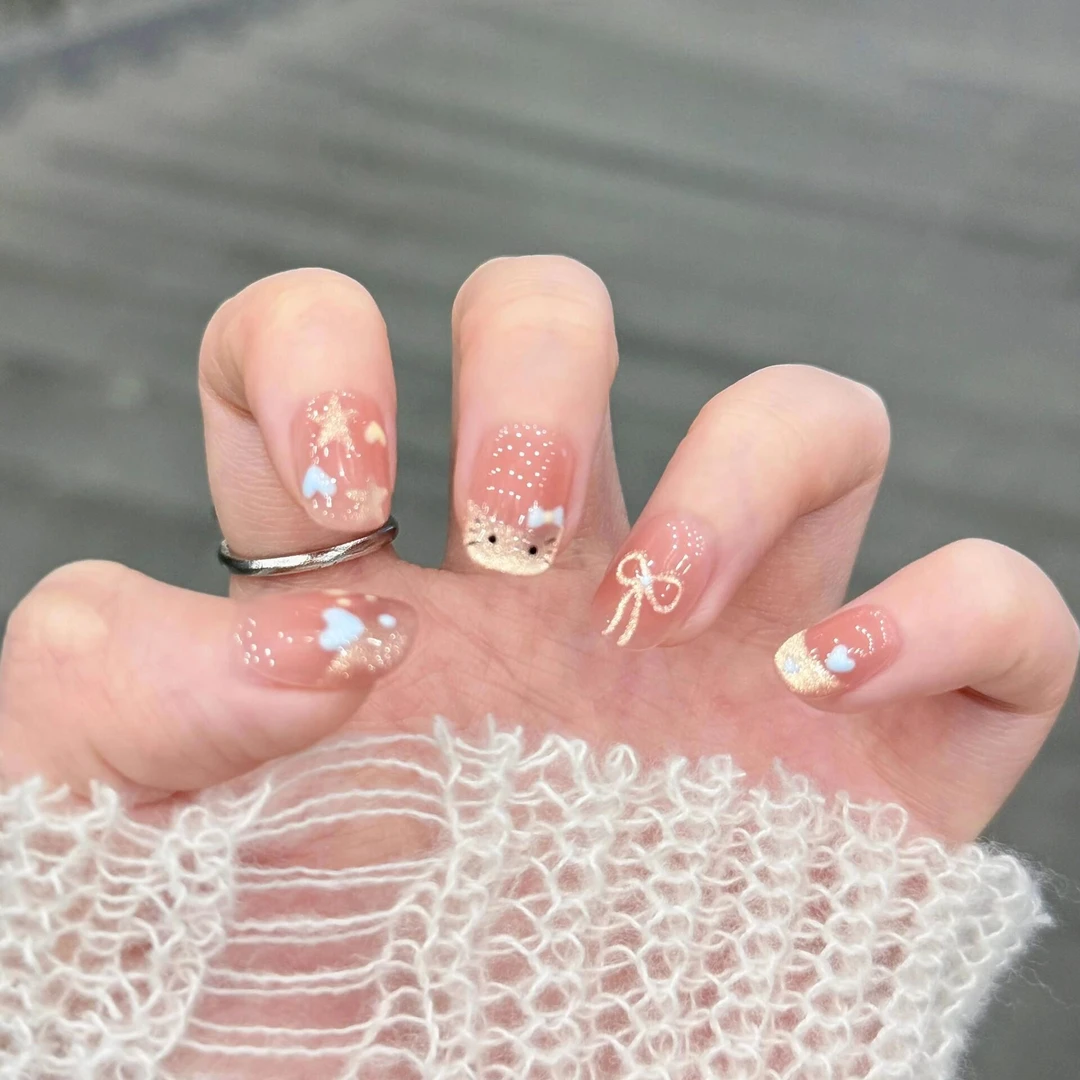 甜星猫猫爆闪法式少女猫咪kt可爱猫眼穿戴甲百搭短款美甲片中长款