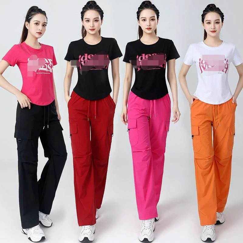 夏季杨丽萍运动套装女收腰短袖美式工装裤舞蹈服跳广场舞健身操服
