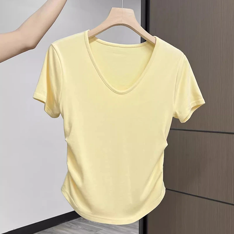 白色低领露锁骨短袖T恤女2025春夏季短袖褶皱收腰春游出行衣服