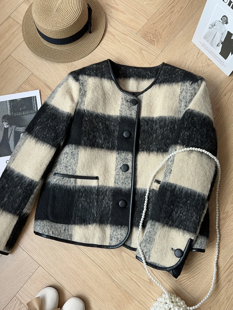 高端内胆羽绒服小香风外套90鹅绒2024秋冬新款毛呢上衣时尚A72138