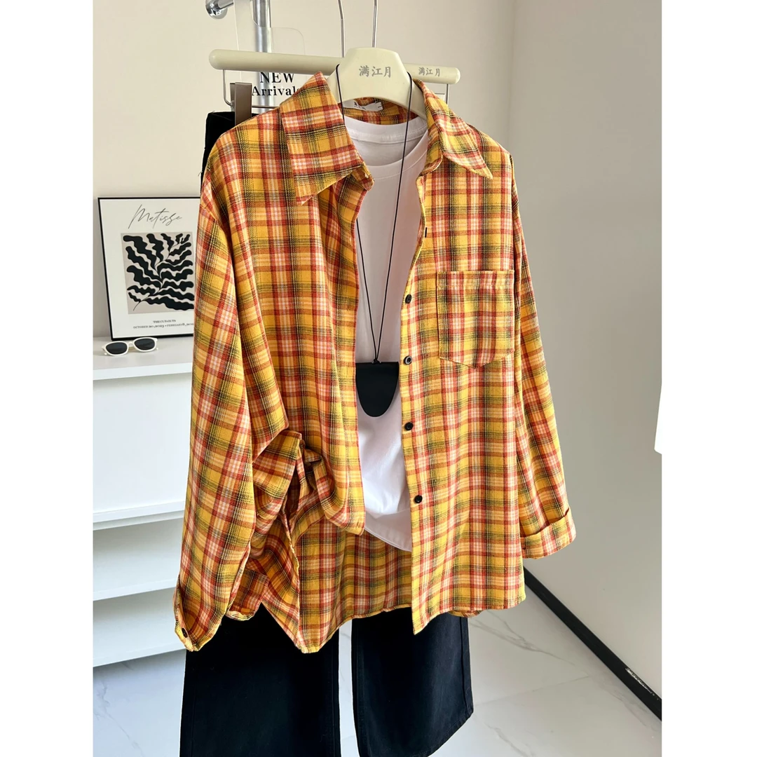 美式复古黄色格子衬衣外套女秋季慵懒风宽松休闲格纹衬衫上衣时尚