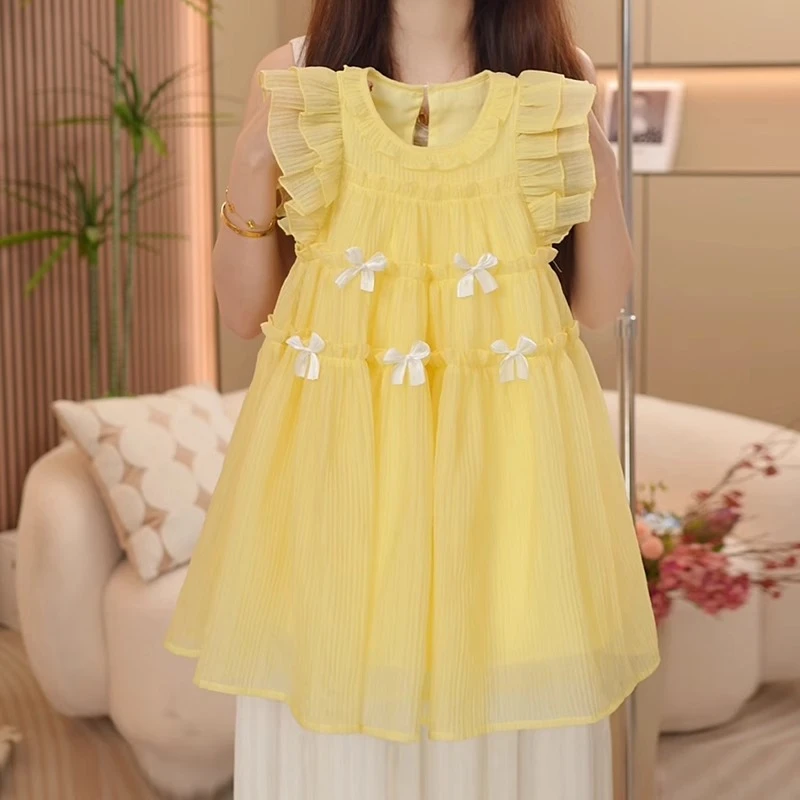 女童飞袖连衣裙夏季2025新款潮儿童网纱裙子夏装女孩蝴蝶结公主裙