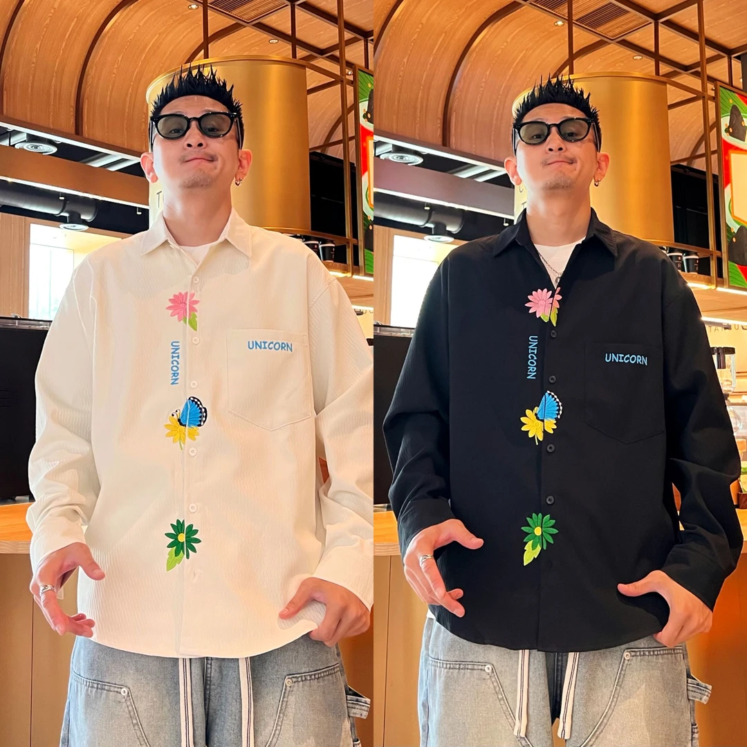 小众设计感撞色重工刺绣肌理纹情侣同款休闲时尚潮流长袖衬衫